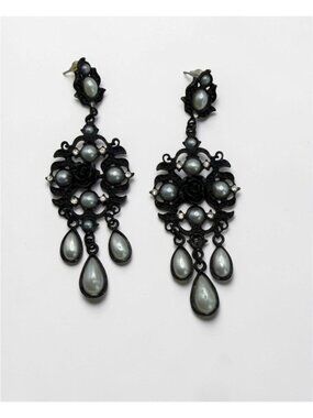Black Rose Baroque Chandelier Earrings Filagree Faux Pearl Rhinestones DAMAGED